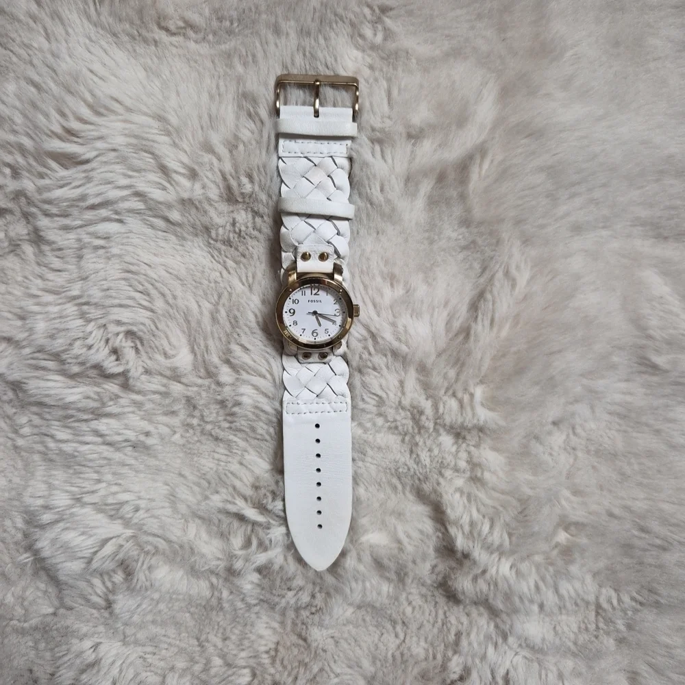 Fossil Watch White Leather Band Braided Detail Gold Tone JR-1291 Western Country
